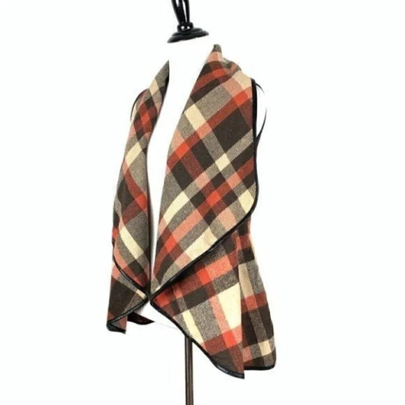 sweater size M plaid open front faux leather - Picture 6 of 9